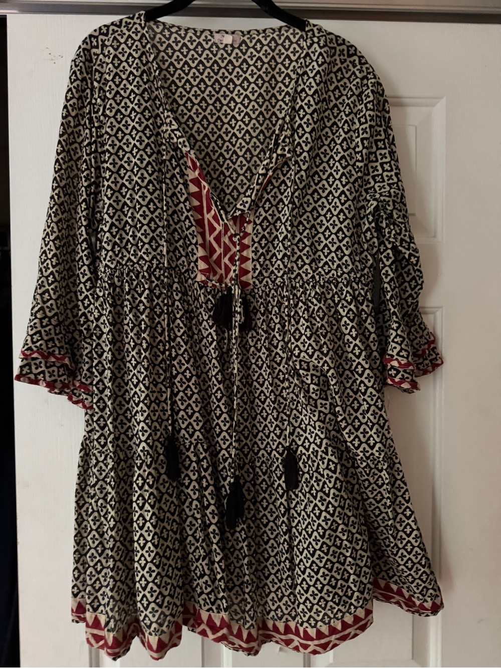 Black & Cream Printed Boho Tunic Dress with Red Trim S/M